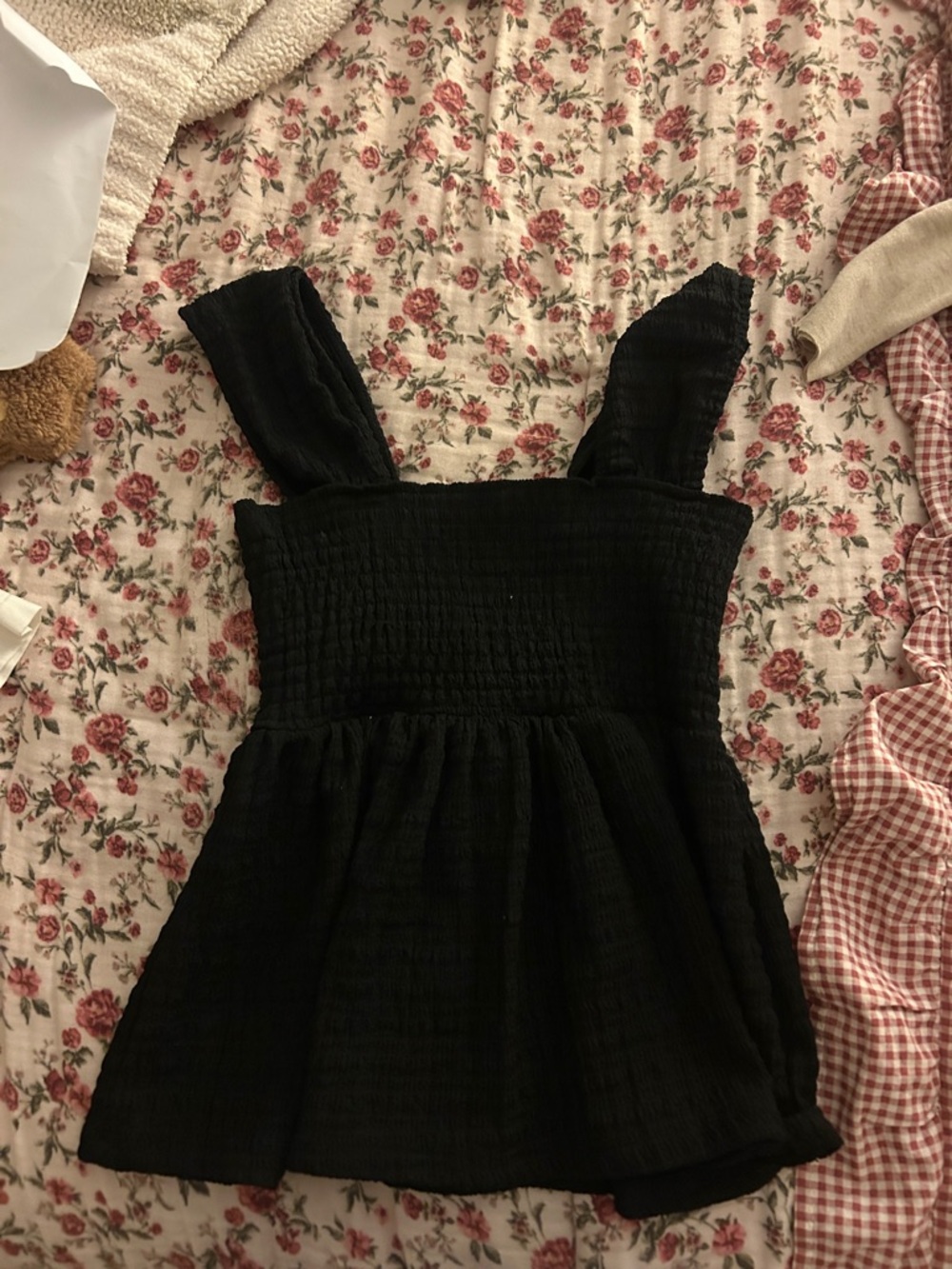 Black Smocked Square Neck Tank Top